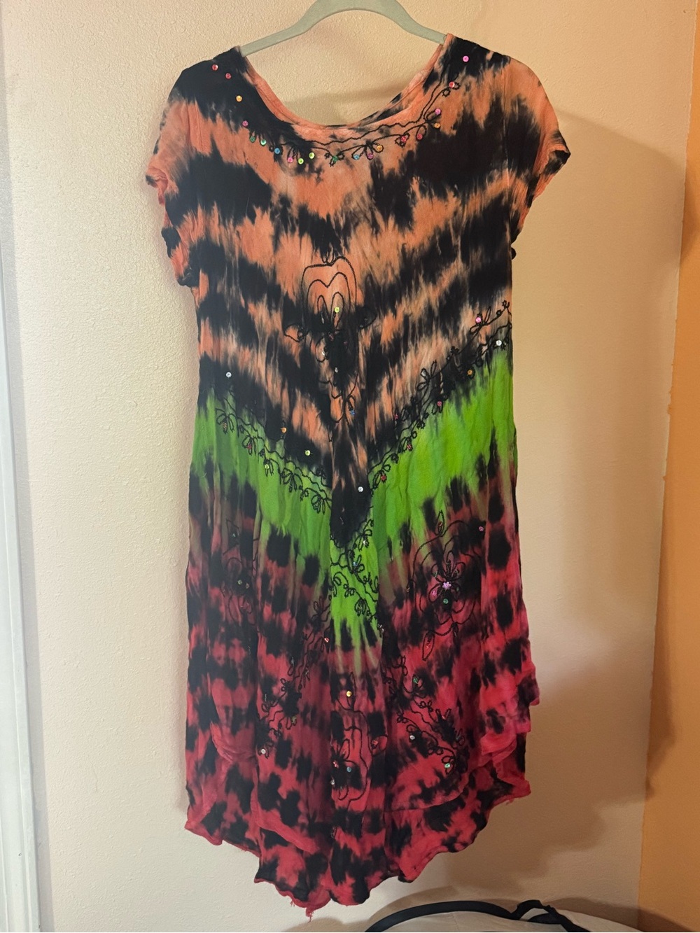 Hand-Dyed Asymmetrical Short Sleeve Dress in Black, Peach, Green & Pink